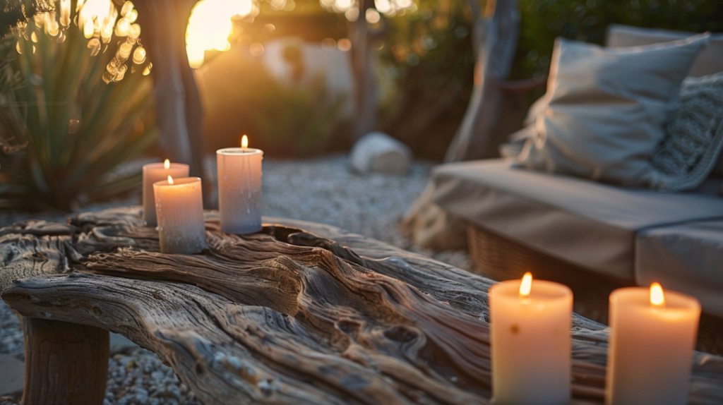 beach style garden driftwood